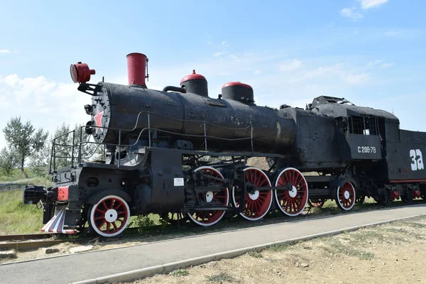 Oude Stoomlocomotief Open Lucht Museum Oldtimer Vertaling Van Inscriptie Exposities — Stockfoto