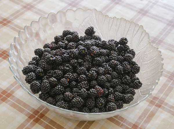 Plate Berries Black Blackberries Fruits Berries Table — Stock Photo, Image