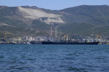 Kargo bağlantı noktası bağlantı noktası ile vinç. Deniz defne ve dağlık sahil.