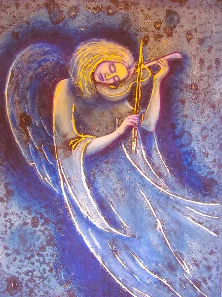Девушка Ангел Играет Душевную Мелодию Скрипке Изображение Ангела Фиолетовом Синем — стоковое фото