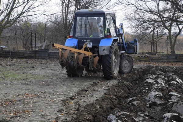 Trattore Arare Giardino Plowing Terreno Nel Giardino — Foto Stock