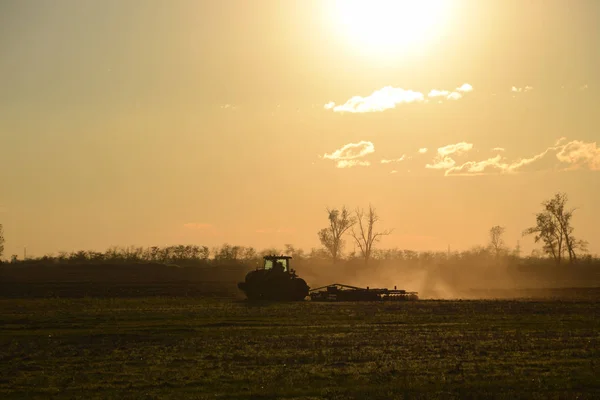 Tractor al atardecer arar un campo. Tilling el suelo en el otoño después de la cosecha. El final de la temporada — Foto de Stock