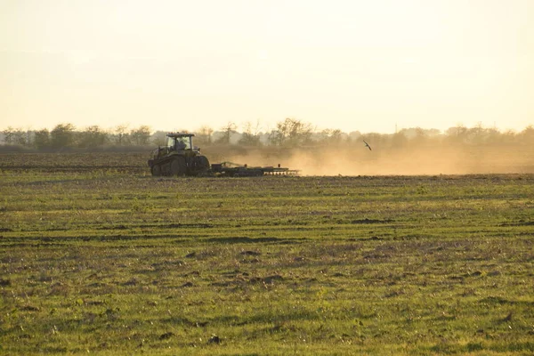 Traktor Západu Slunce Pluh Pluh Pole Obdělávat Půdu Podzim Sklizni — Stock fotografie
