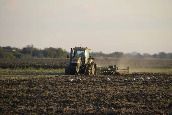 Tractor Plowing Plow Field Tilling Soil Fall Harvest End Season — Stock Photo, Image