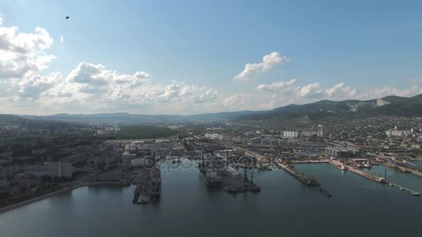 Промышленный морской порт, вид сверху. Портовые краны и грузовые суда и баржи . — стоковое видео