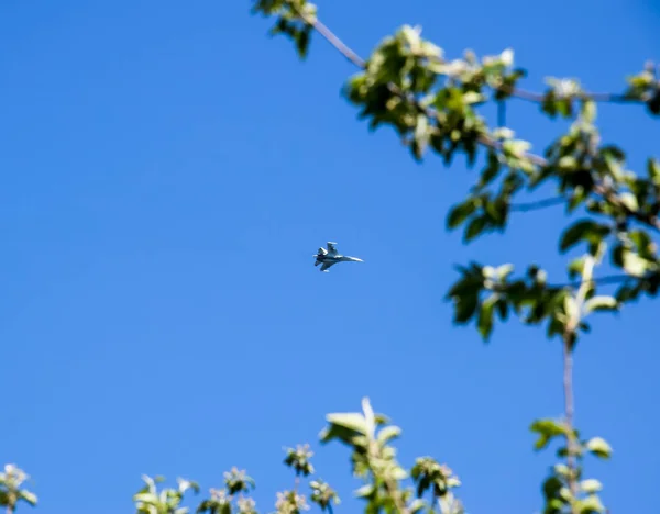 Μαχητής Στο Μπλε Του Ουρανού Που Φέρουν Ένα Αεροπλάνο — Φωτογραφία Αρχείου
