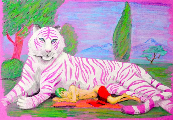 A pintar guache. Tigre rosa deitado na grama ao lado dele mente e dorme menina nua — Fotografia de Stock