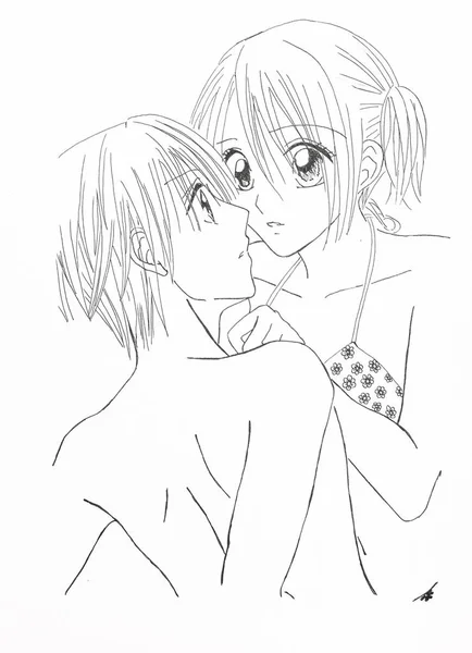 Rysunek w stylu anime. Obrazu zakochany dziewczyna i facet na zdjęciu w stylu japońskim anime — Zdjęcie stockowe