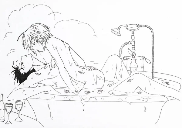 绘图中的动漫风格。图像迷恋的女孩和沐浴在浴室里，照片中的日本动漫风格的家伙 — 图库照片