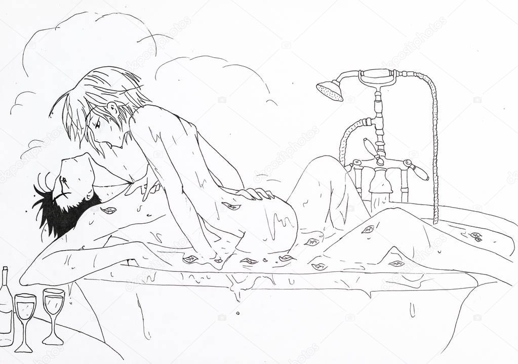 Drawing in the style of anime. Image enamored girl and the guy bathing in the bathroom, in the picture in the style of Japanese anime