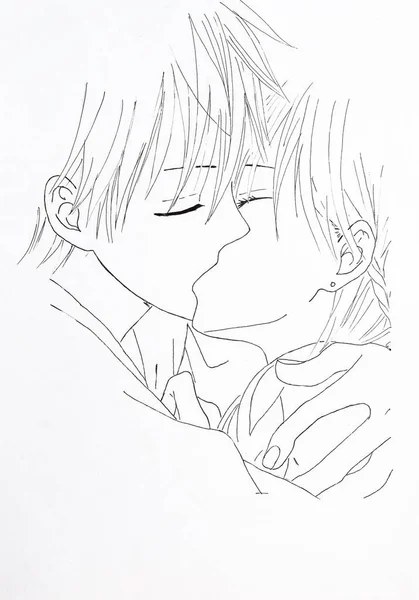 Dibujo en el estilo de anime. Imagen enamorada chica y el chico en la imagen en el estilo de anime japonés —  Fotos de Stock
