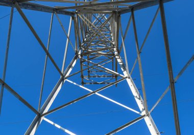 Yüksek voltajlı elektrik hatları mavi gökyüzüne karşı destekler. Aşağıdan yukarıya görüntülemek