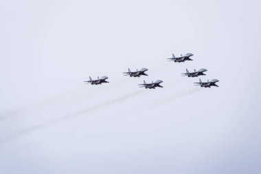 Krasnodar, Rusya - 23 Şubat 2017: Krasnodar havaalanı uçuş okulunun üstündeki hava gösterisi. Anavatanın Koruyucusu onuruna hava gösterisi. Gökyüzünde MiG-29.