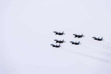 Krasnodar, Rusya - 23 Şubat 2017: Krasnodar havaalanı uçuş okulunun üstündeki hava gösterisi. Anavatanın Koruyucusu onuruna hava gösterisi. Gökyüzünde MiG-29.