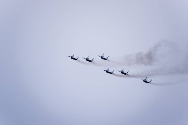 Krasnodar, Rusya - 23 Şubat 2017: Krasnodar havaalanı uçuş okulunun üstündeki hava gösterisi. Anavatanın Koruyucusu onuruna hava gösterisi. Gökyüzünde MiG-29.