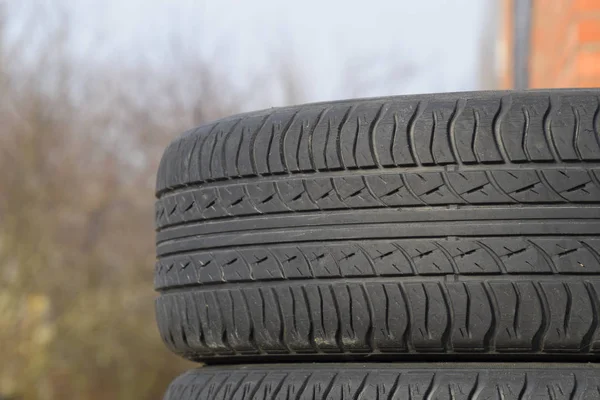 Automobile wheel. Rubber tires. Summer rubber set for the car. Wheel tread pattern.