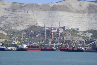 Kargo bağlantı noktası bağlantı noktası ile vinç. Deniz defne ve dağlık sahil.