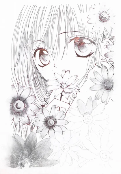 Dibujo en el estilo de anime. Imagen de una chica en las flores en la foto en el estilo de anime japonés —  Fotos de Stock