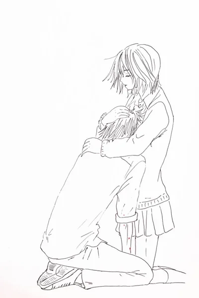 Dibujo en el estilo de anime. Imagen enamorada chica y el chico en la imagen en el estilo de anime japonés — Foto de Stock