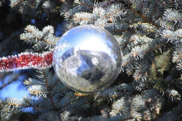 新年のツリーを装飾 見掛け倒しとおもちゃ ボール 戸外でクリスマス ツリー立って他の装飾 — ストック写真