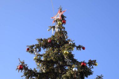Süslemeleri yılbaşı ağacı. Tinsel ve oyuncaklar, topları ve diğer süslemeleri Noel Noel ayakta açık havada ağaç.