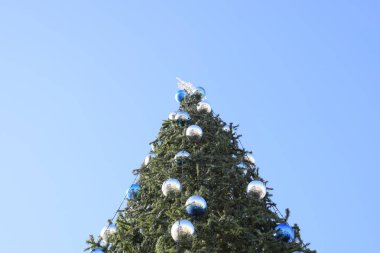 Süslemeleri yılbaşı ağacı. Tinsel ve oyuncaklar, topları ve diğer süslemeleri Noel Noel ayakta açık havada ağaç.