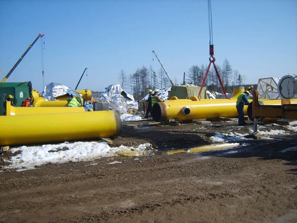 Szahalin Oroszország 2014 November Földön Gázvezeték Építése Energiahordozók Szállítása — Stock Fotó