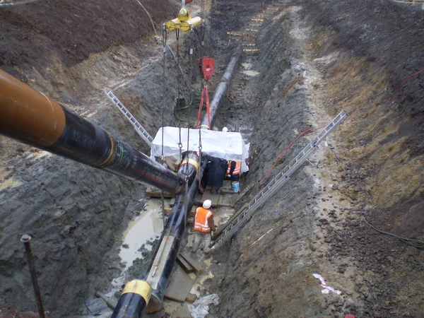 Sakhalin Rússia Novembro 2014 Colocação Gasoduto Uma Vala Trabalhos Instalação — Fotografia de Stock