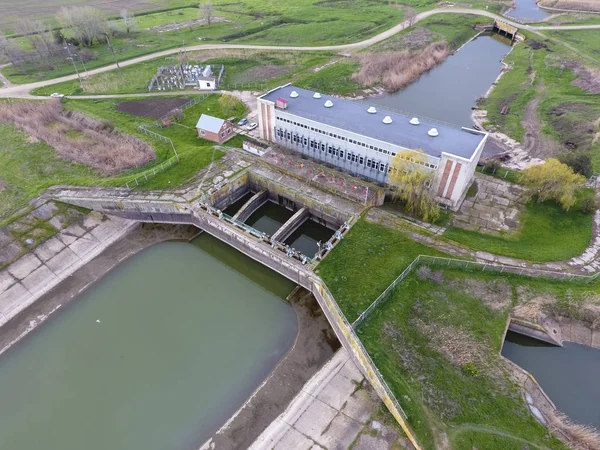 Water pumping station of irrigation system of rice fields. View