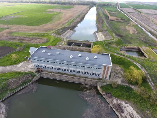 Water pumping station of irrigation system of rice fields. View