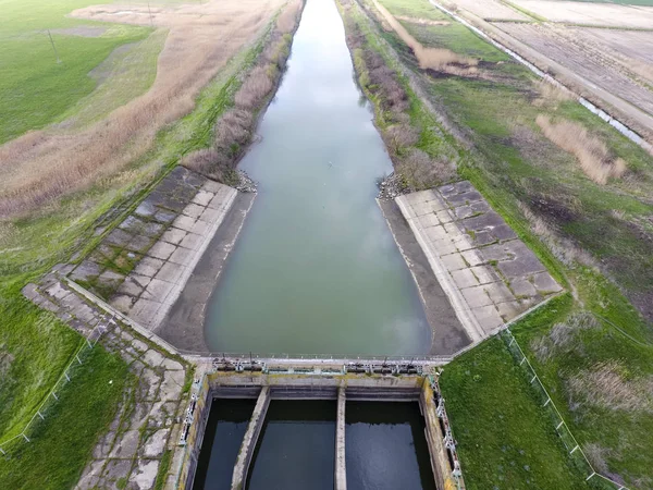 Water pumping station of irrigation system of rice fields. View