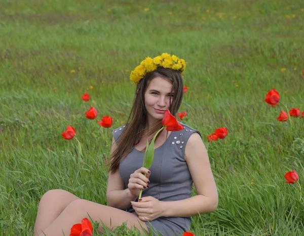 Una chica con una corona de dientes de león en la cabeza. Hermosa joven de hadas en un campo entre las flores de los tulipanes . — Foto de Stock