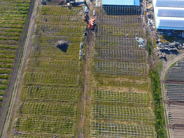 框架的大棚，顶视图。在领域温室建造项目。农业，封闭地面 agrotechnics — 图库照片