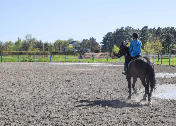 Deportes ecuestres con adolescentes. Club de caballos. Una chica monta a caballo. . — Foto de Stock