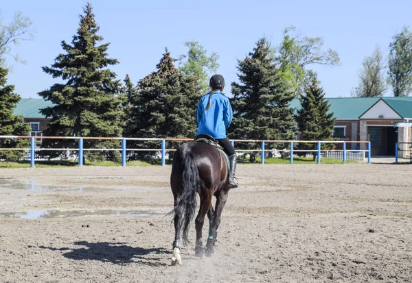 Sporty konne i jeździectwo nastolatków. Horse Club. Dziewczyna jest na koniu. — Zdjęcie stockowe