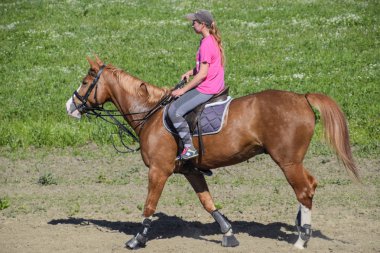 Krasnodar, Rusya - 28 Nisan 2017: Atlı spor gençler ile. Horse Club. Bir kız ata biniyor.