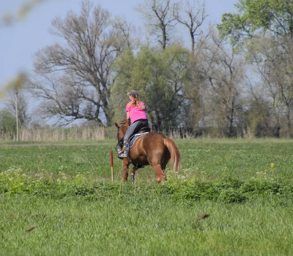 Ιππικά αθλήματα με τους εφήβους. Λέσχη αλόγων. Ένα κορίτσι καβαλάει ένα άλογο. — Φωτογραφία Αρχείου