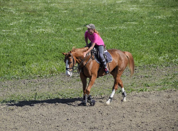 청소년과 승마 스포츠입니다. 말 클럽입니다. 여자는 말을 타고. — 스톡 사진
