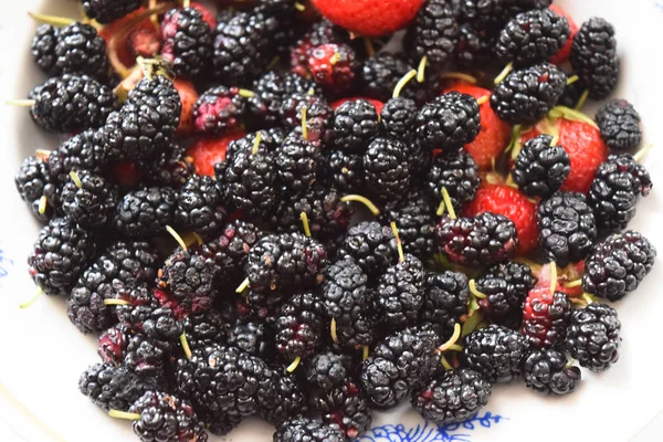 Maulbeere Mit Erdbeeren Auf Einem Teller Makrofrucht — Stockfoto
