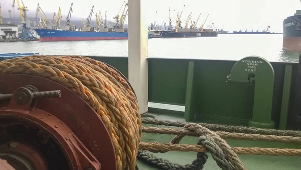 Mecanismos Cordas Controle Tensão Guinchos Equipamento Convés Navio Porto Carga — Fotografia de Stock