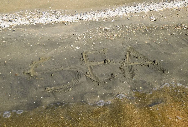 Надпись Море Песке Прибрежный Песок Волны Надписи Берегу — стоковое фото