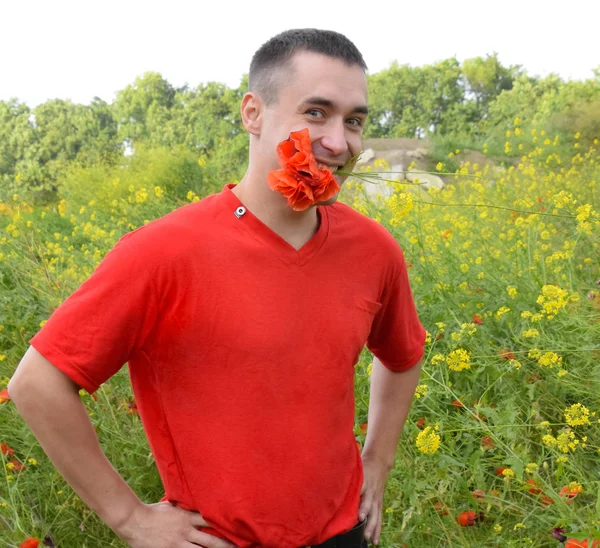 Um jovem de t-shirt vermelha está segurando um buquê de papoilas vermelhas em seus dentes. O homem está a brincar. Campo de papoula — Fotografia de Stock