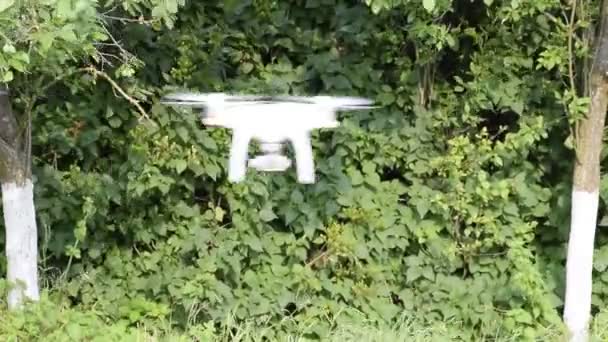 Drone DJI Phantom 4 in flight. Quadrocopter against the blue sky with white clouds. The flight of the copter in the sky. — Stock Video