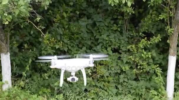 Drone DJI Phantom 4 in volo. Quadrocopter contro il cielo blu con nuvole bianche. Il volo dell'elicottero nel cielo . — Video Stock