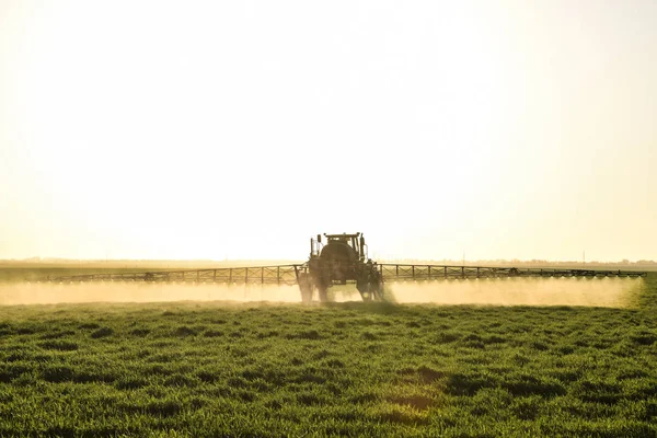 Traktor na slunce pozadí. Traktor s vysoká kola dělá hnojivo na mladé pšenice. Používání chemických látek jemně dispergované sprej — Stock fotografie