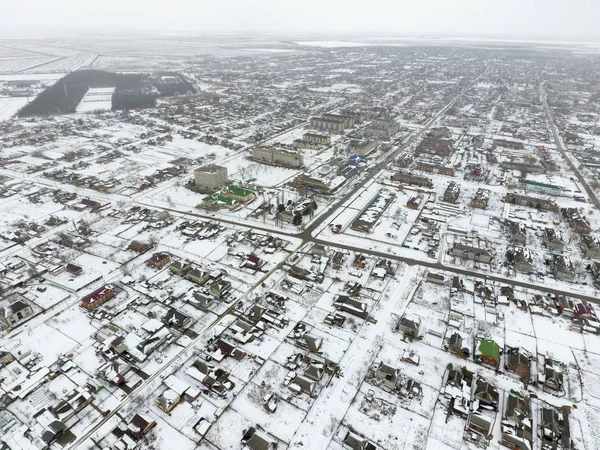 Vinter Från Den Fågelperspektiv Byn Gatorna Täckta Med Snö — Stockfoto
