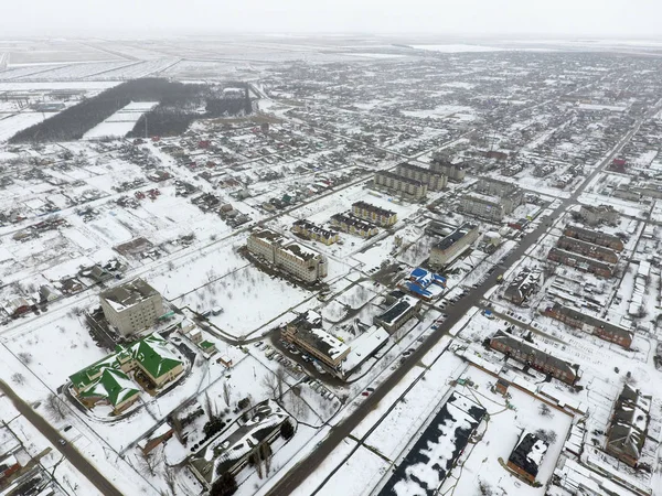 Vinter Från Den Fågelperspektiv Byn Gatorna Täckta Med Snö — Stockfoto