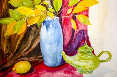 Natürmort. Bir natürmort, bir vazo, yemekler, buket ve meyve takip etti.