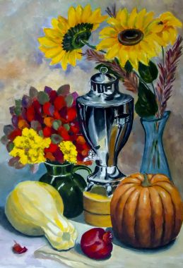 Natürmort. Bir natürmort, bir vazo, yemekler, buket ve meyve takip etti.