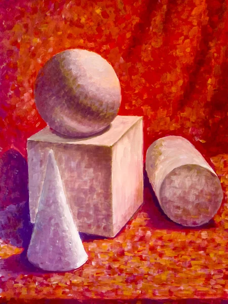 Um quadro com figuras geométricas pintadas. cubo, bola e cone . — Fotografia de Stock